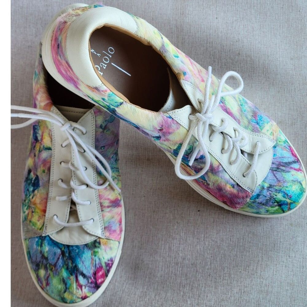 Linea Paolo Calf Hair / Leather Sneakers White / Tie Dye Multi Size 12 Women's